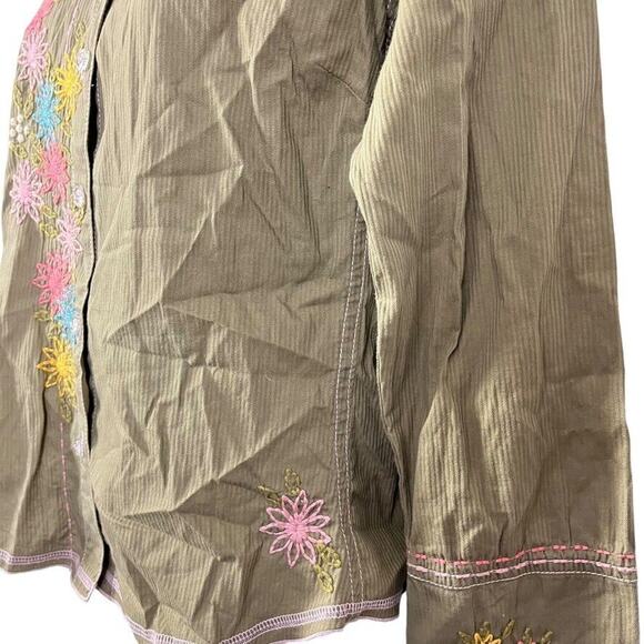 J Jill Womens Embroidered Long Sleeve Bell Sleeve Button Up Green Shirt Top sz 4 - Picture 11 of 16